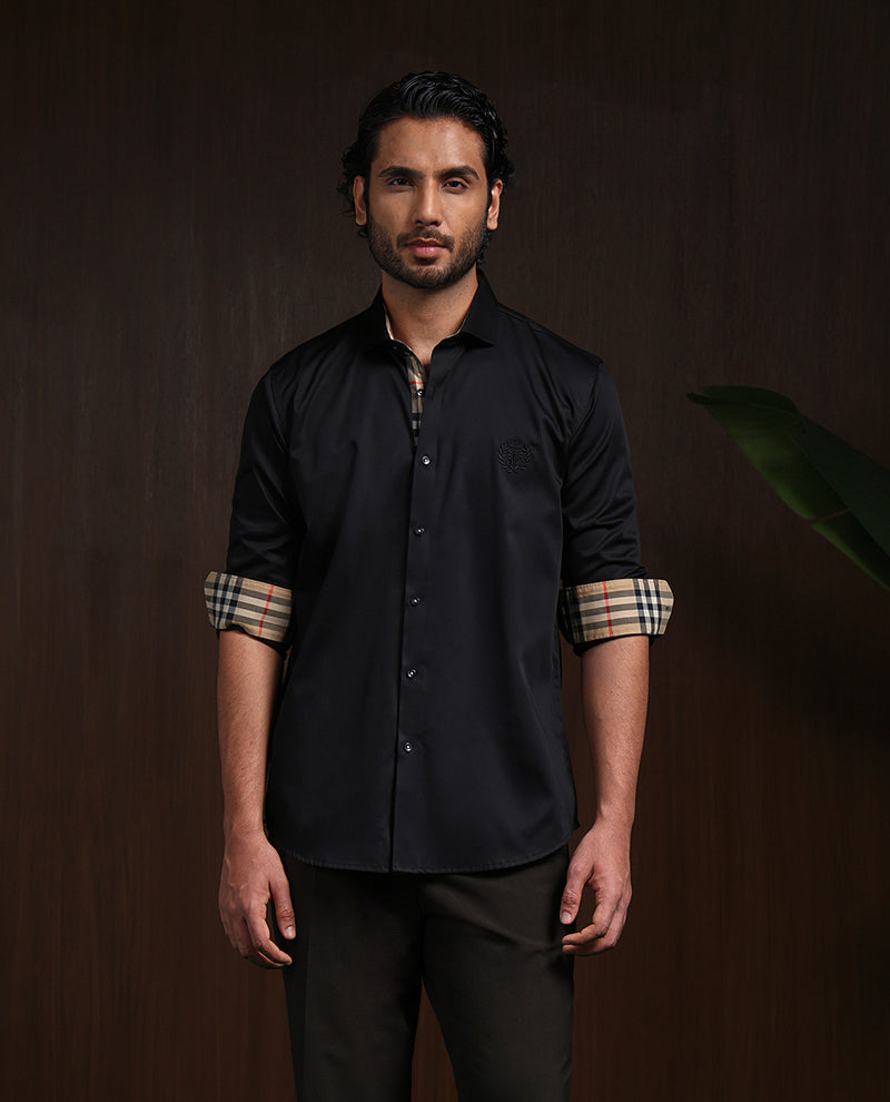 Black Slim Fit Cotton Shirt with Elegant Embroidery Detailing