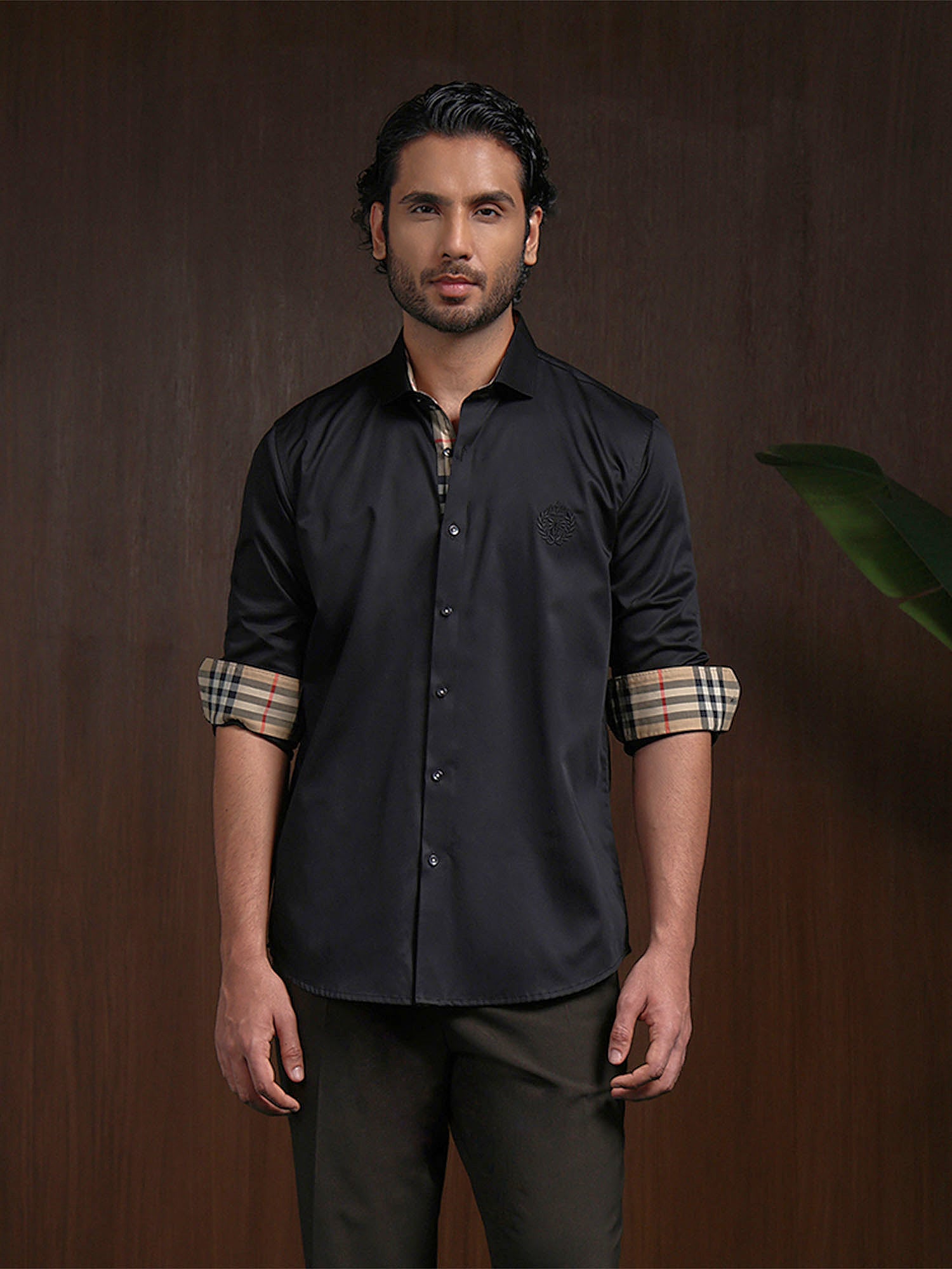 Black Slim Fit Cotton Shirt with Elegant Embroidery Detailing