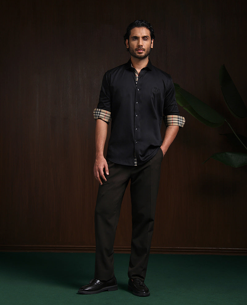 Black Slim Fit Cotton Shirt with Elegant Embroidery Detailing