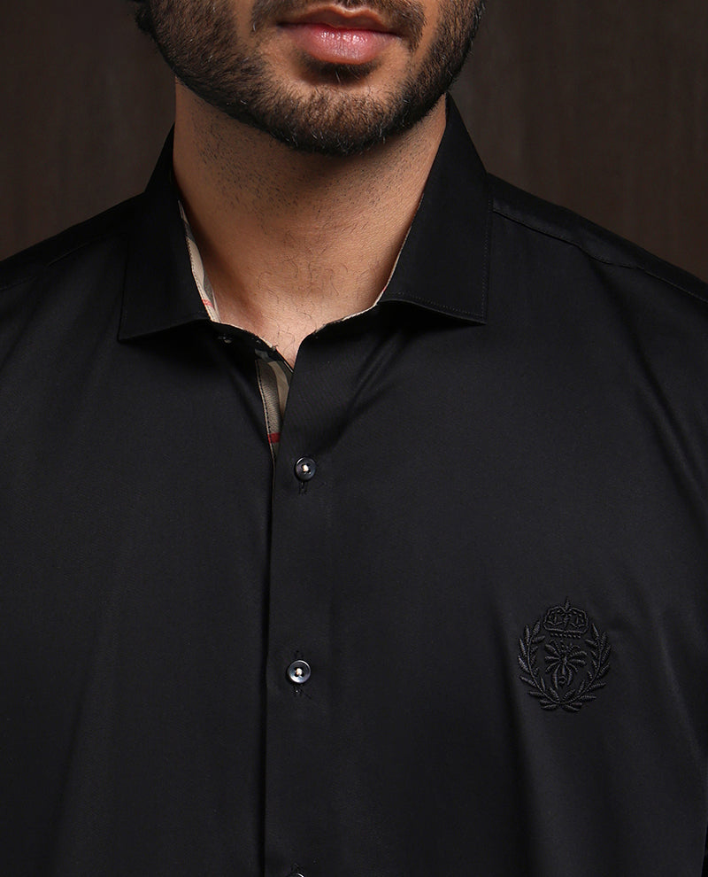 Black Slim Fit Cotton Shirt with Elegant Embroidery Detailing