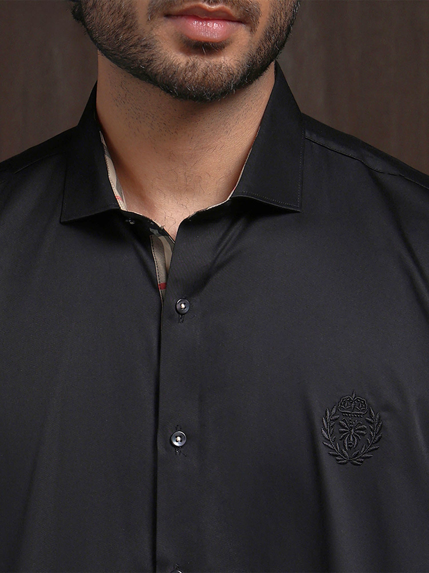 Black Slim Fit Cotton Shirt with Elegant Embroidery Detailing