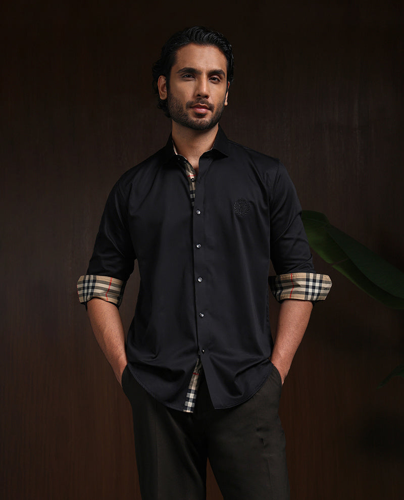 Black Slim Fit Cotton Shirt with Elegant Embroidery Detailing