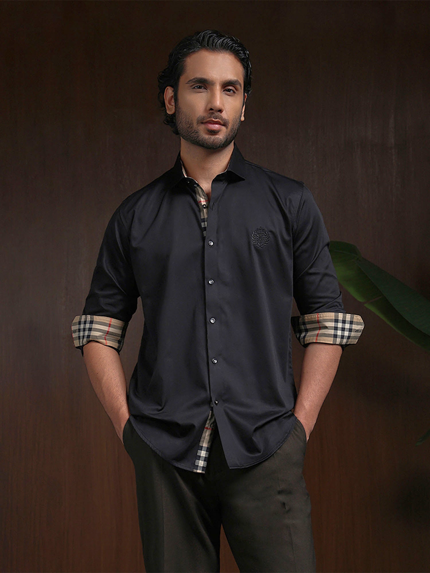 Black Slim Fit Cotton Shirt with Elegant Embroidery Detailing