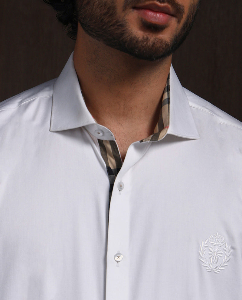 White Slim Fit Cotton Shirt with Refined Embroidered Detailing