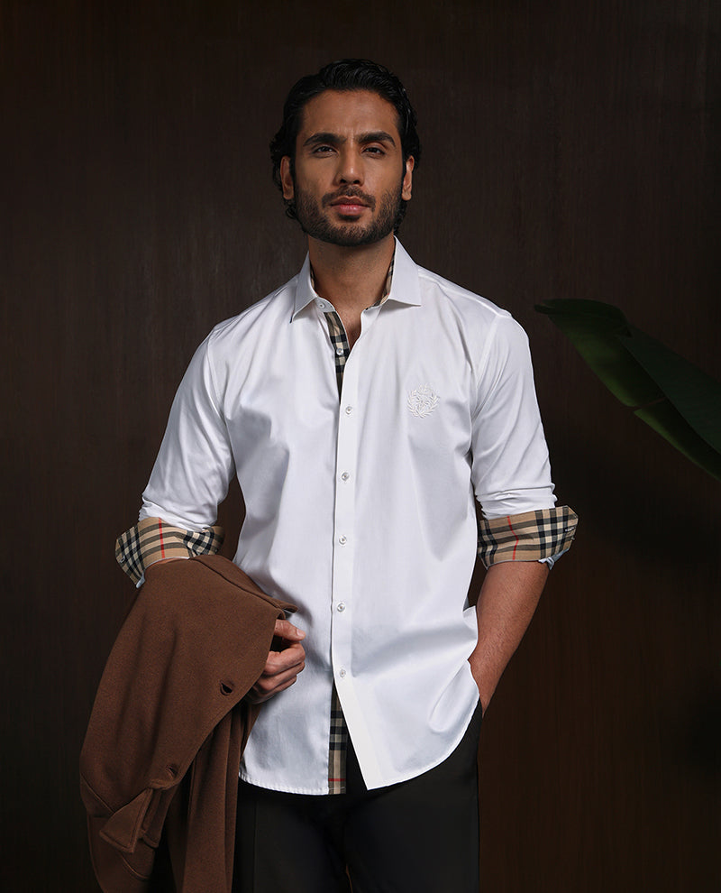 White Slim Fit Cotton Shirt with Refined Embroidered Detailing