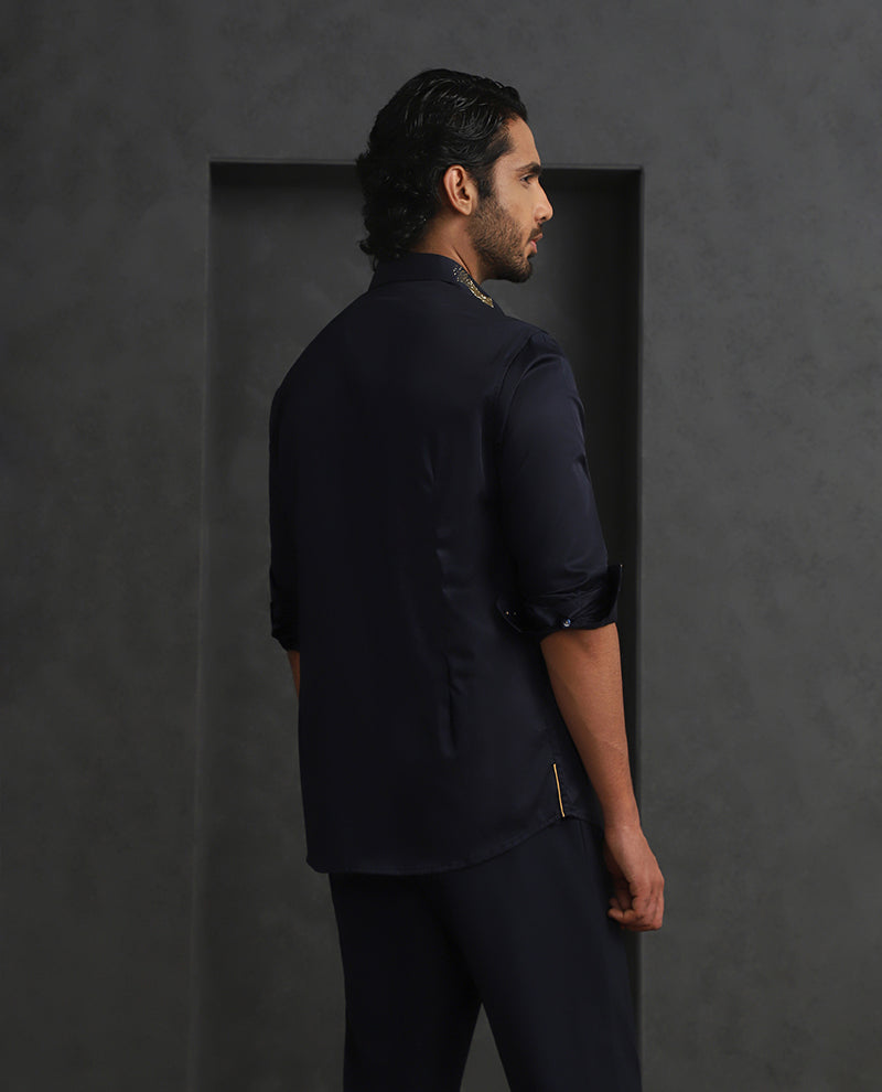 Navy Blue Slim Fit Supima Cotton Shirt with Striking Embroidery Detailing