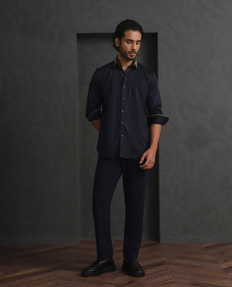 Navy Blue Slim Fit Supima Cotton Shirt with Striking Embroidery Detailing