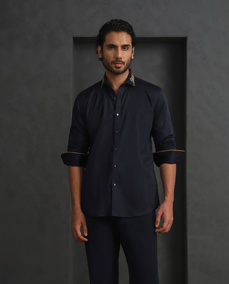 Navy Blue Slim Fit Supima Cotton Shirt with Striking Embroidery Detailing
