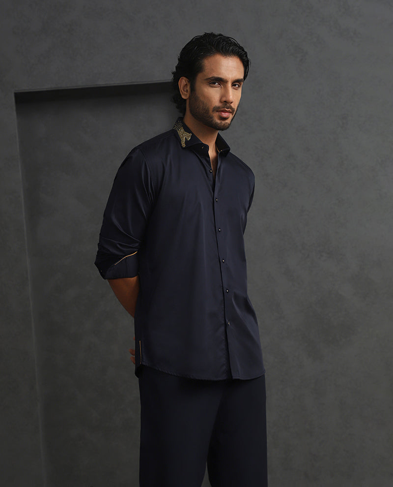 Navy Blue Slim Fit Supima Cotton Shirt with Striking Embroidery Detailing