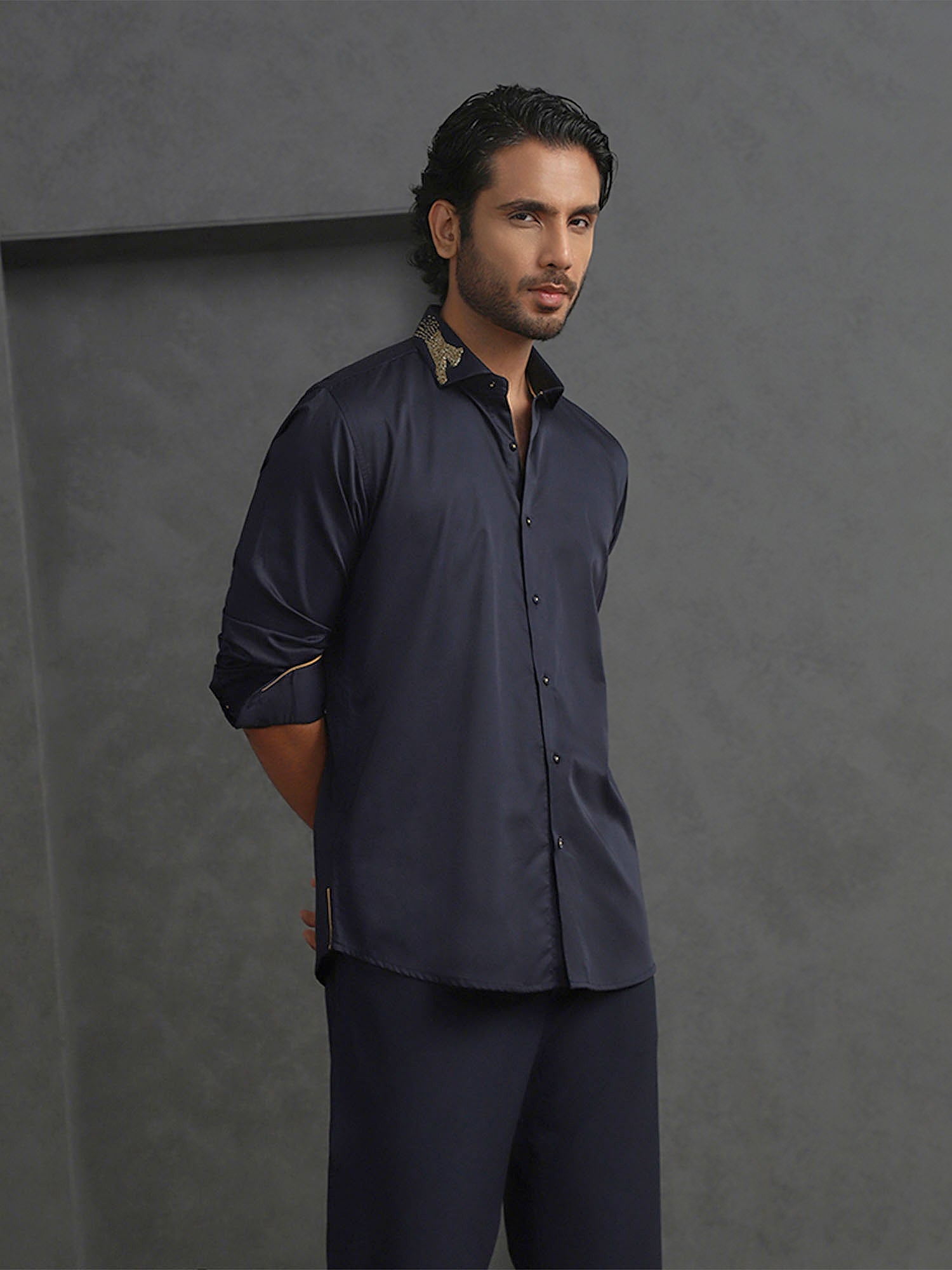 Navy Blue Slim Fit Supima Cotton Shirt with Striking Embroidery Detailing