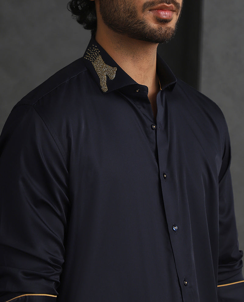 Navy Blue Slim Fit Supima Cotton Shirt with Striking Embroidery Detailing
