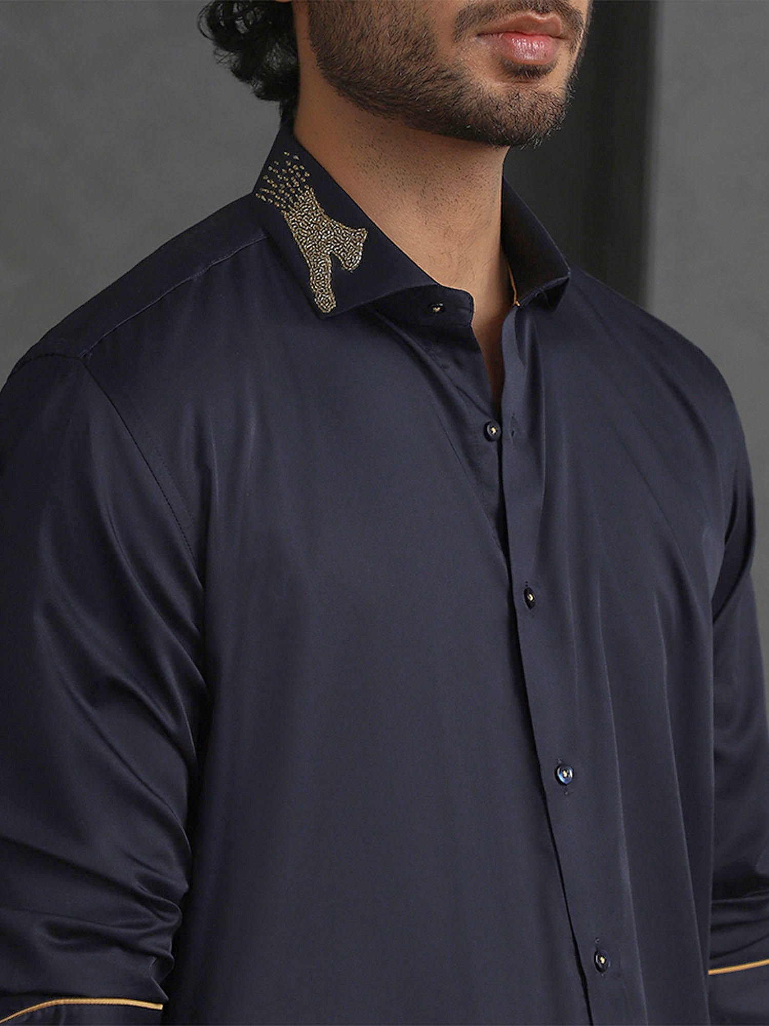 Navy Blue Slim Fit Supima Cotton Shirt with Striking Embroidery Detailing