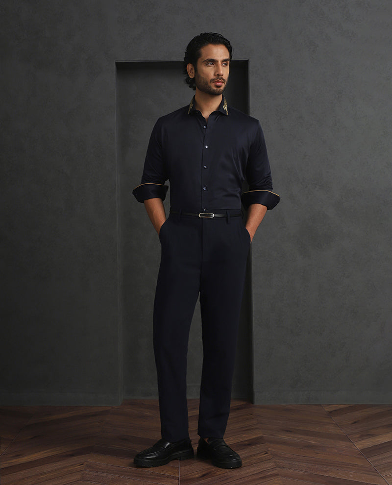 Navy Blue Slim Fit Supima Cotton Shirt with Striking Embroidery Detailing