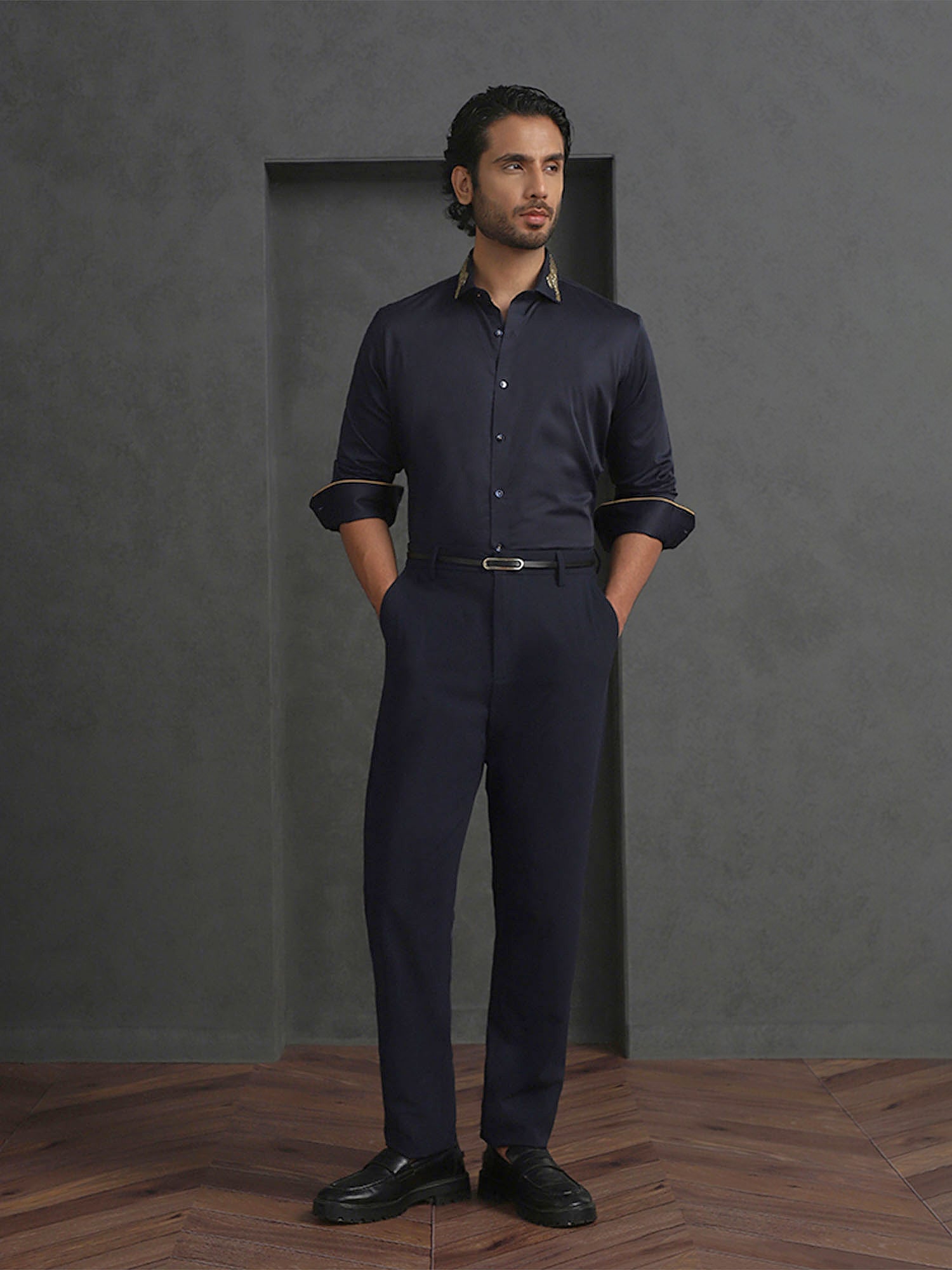 Navy Blue Slim Fit Supima Cotton Shirt with Striking Embroidery Detailing