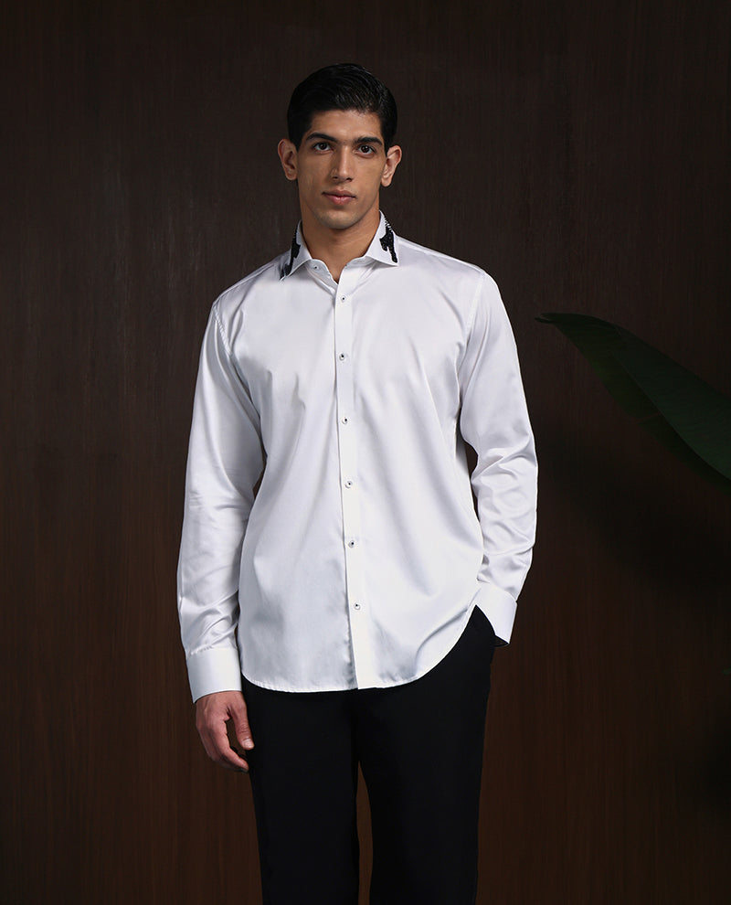 White Slim Fit Supima Cotton Shirt with Minimal Modern Embroidery