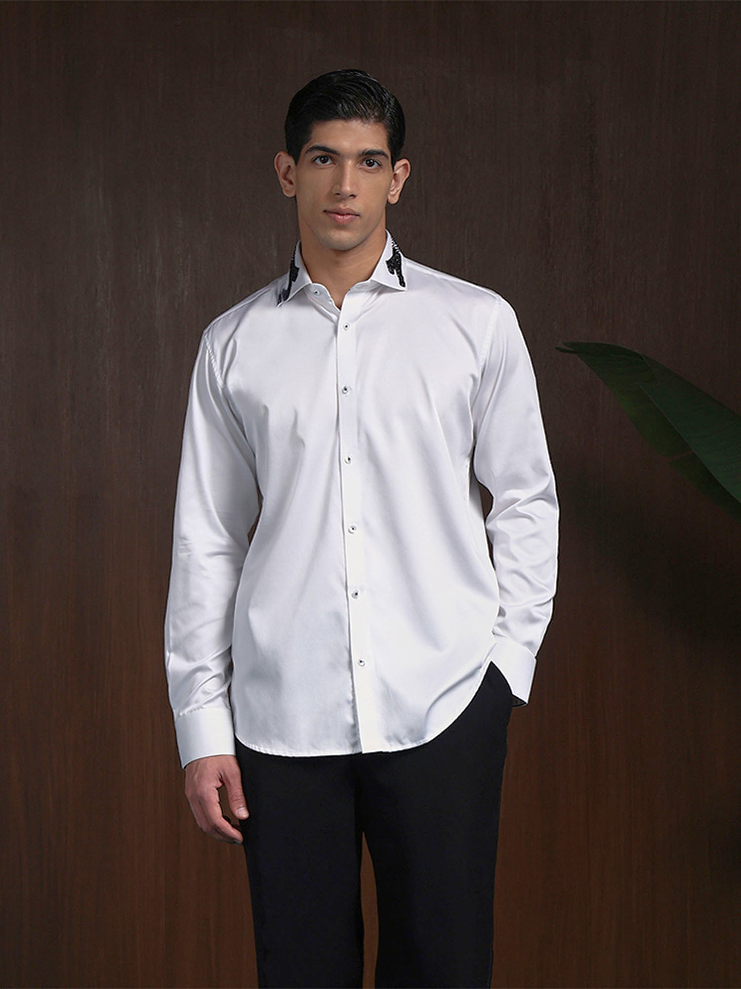 White Slim Fit Supima Cotton Shirt with Minimal Modern Embroidery
