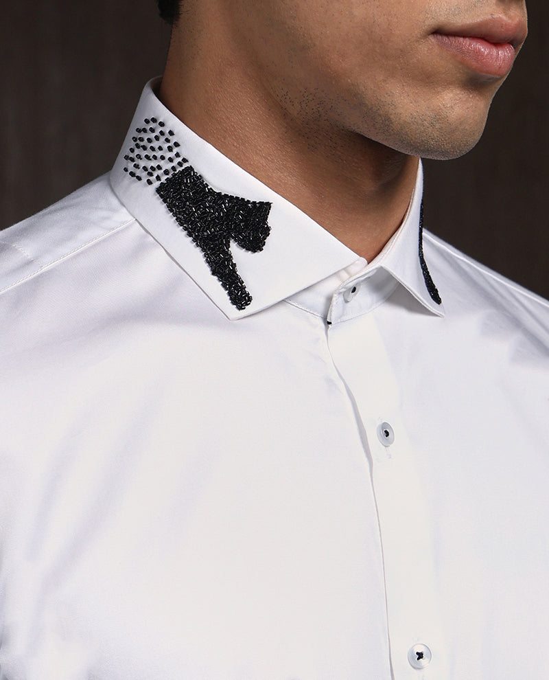 White Slim Fit Supima Cotton Shirt with Minimal Modern Embroidery