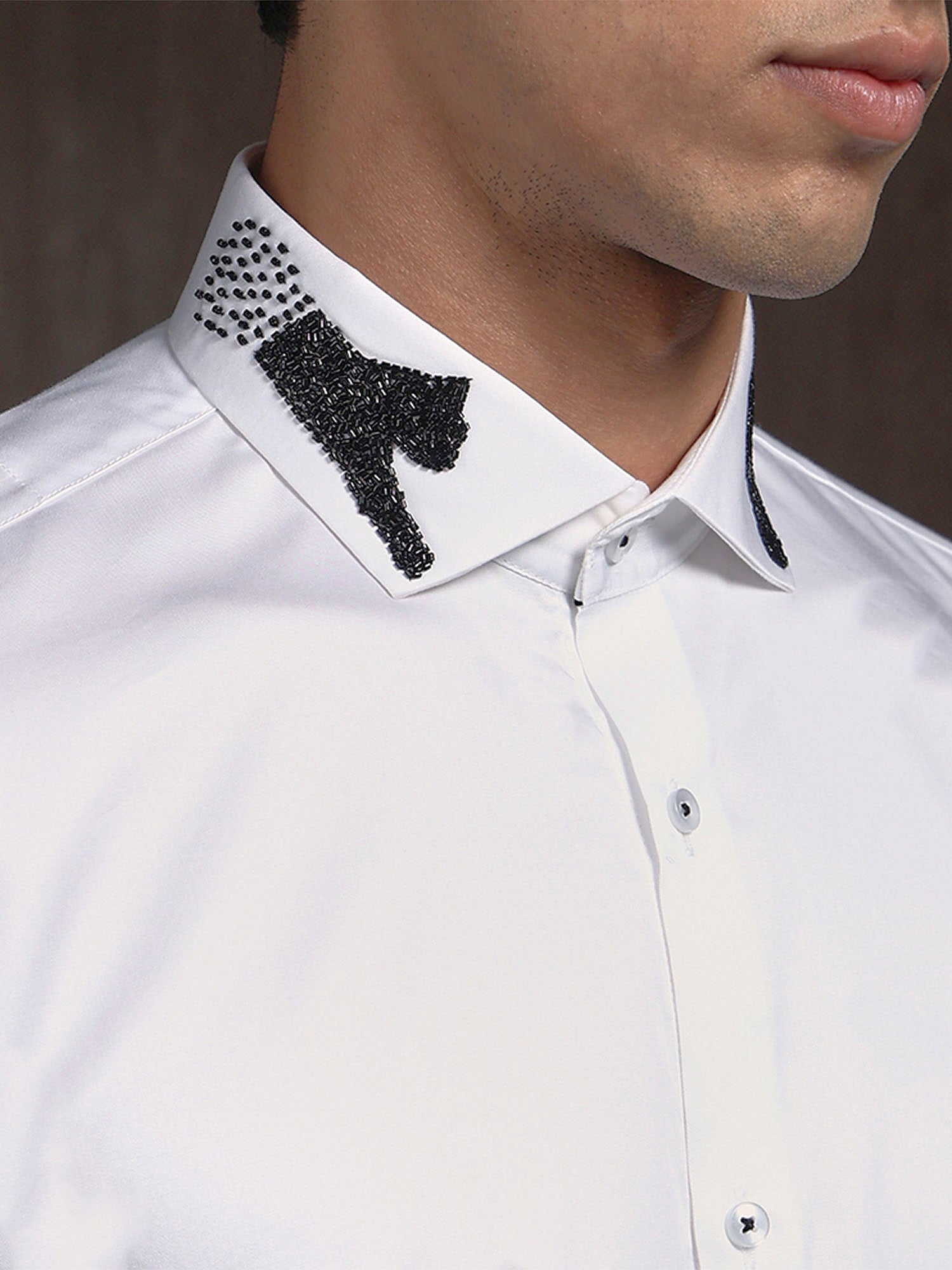 White Slim Fit Supima Cotton Shirt with Minimal Modern Embroidery