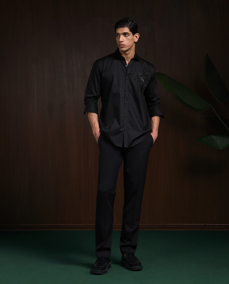 Black Slim Fit Shirt with Contemporary Embroidery Accents