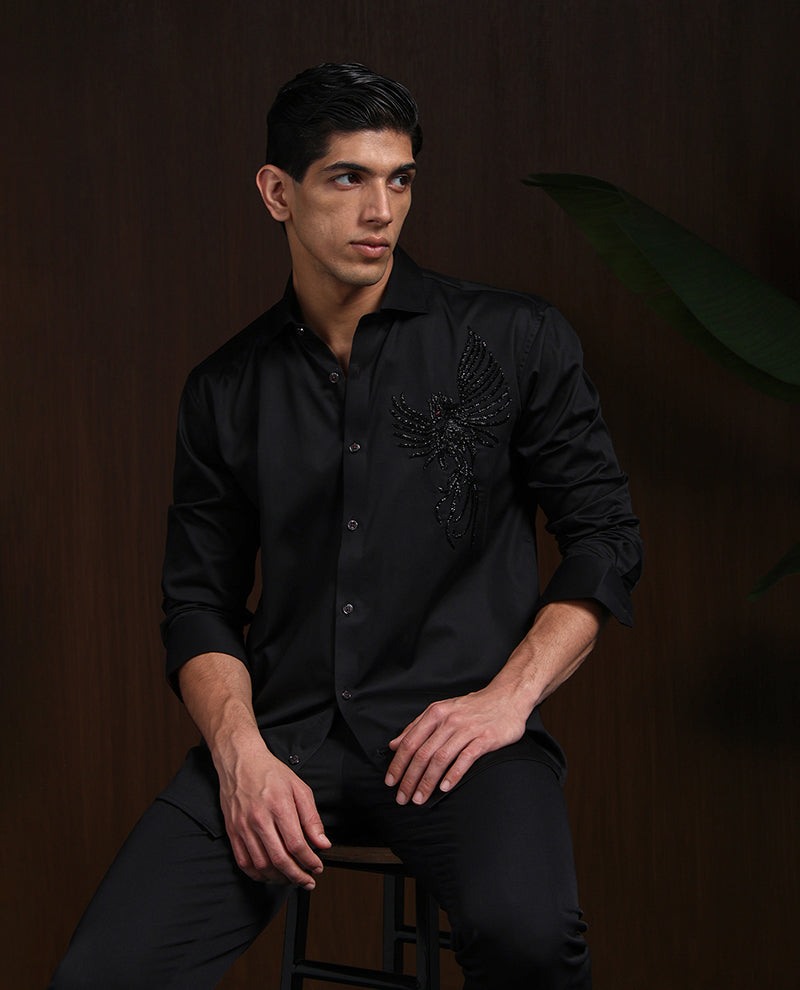 Black Slim Fit Shirt with Contemporary Embroidery Accents