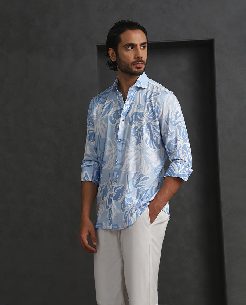 Light Blue Slim Fit Tencel Shirt with Elegant Print
