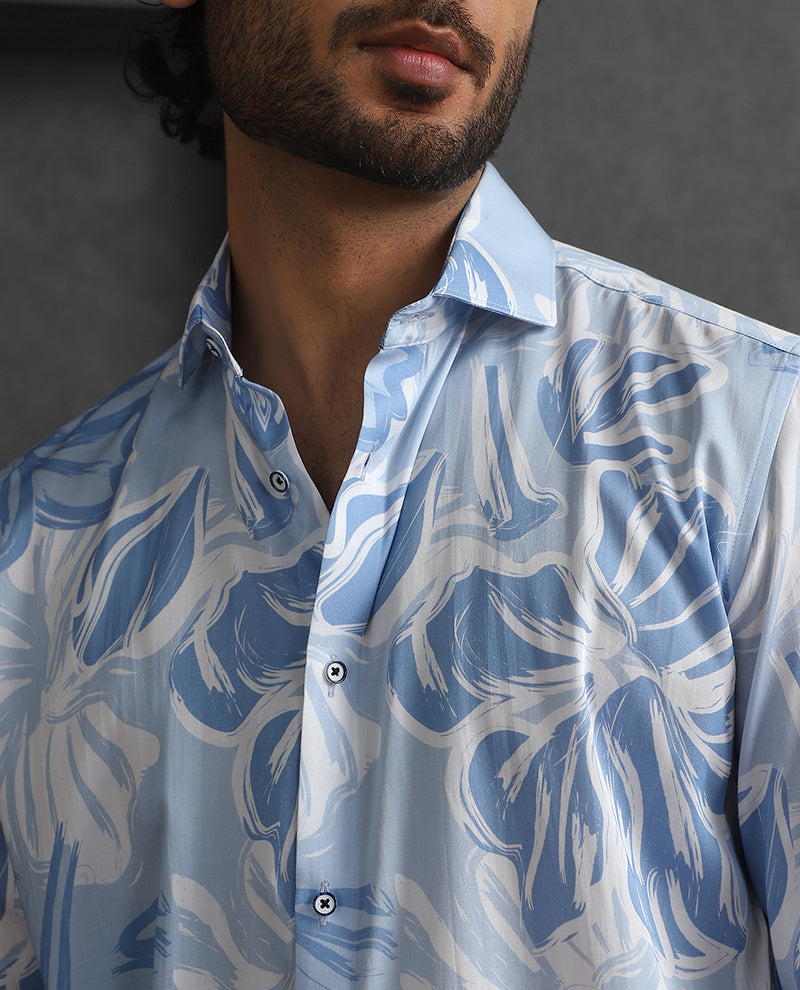 Light Blue Slim Fit Tencel Shirt with Elegant Print