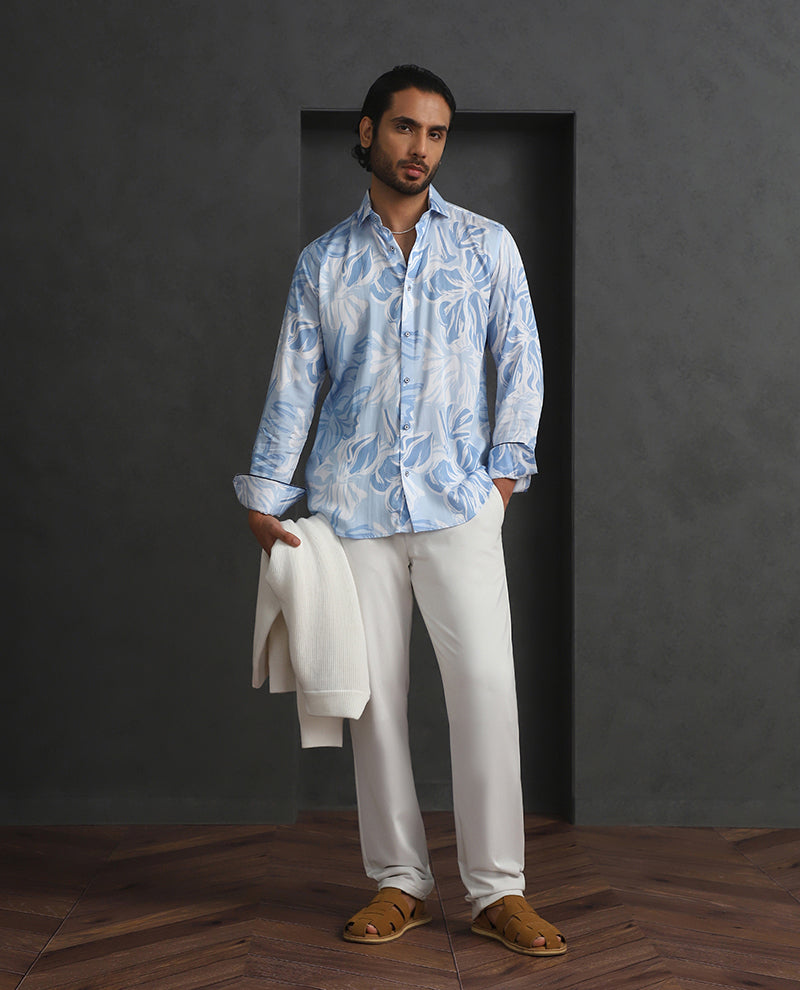 Light Blue Slim Fit Tencel Shirt with Elegant Print