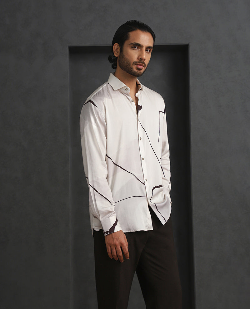Cream Slim Fit Tencel Shirt with Subtle Print Accents
