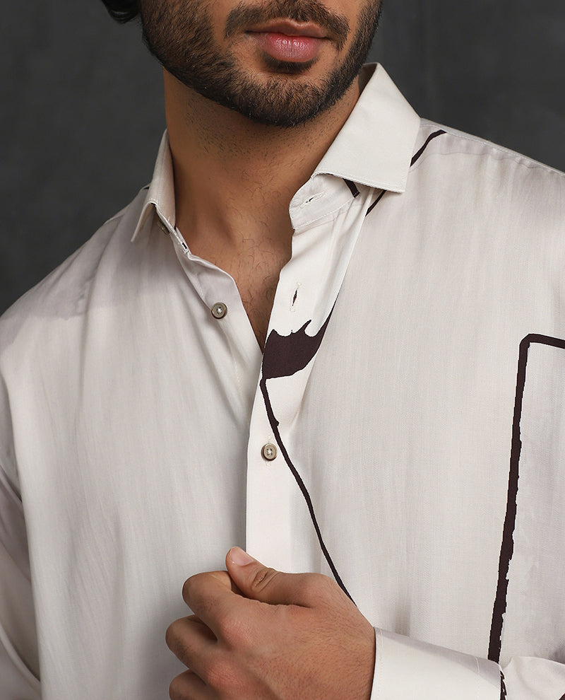Cream Slim Fit Tencel Shirt with Subtle Print Accents