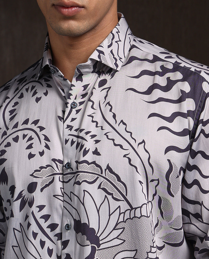 Grey Black Slim Fit Tencel Shirt with Striking Print