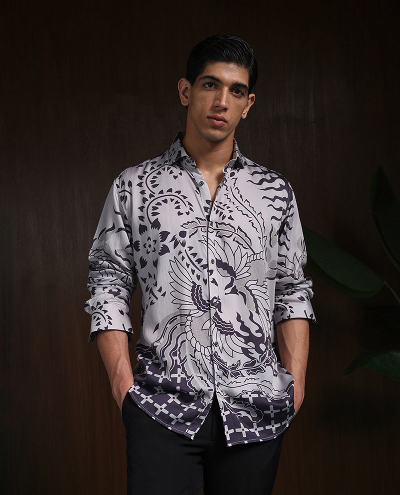 Grey Black Slim Fit Tencel Shirt with Striking Print