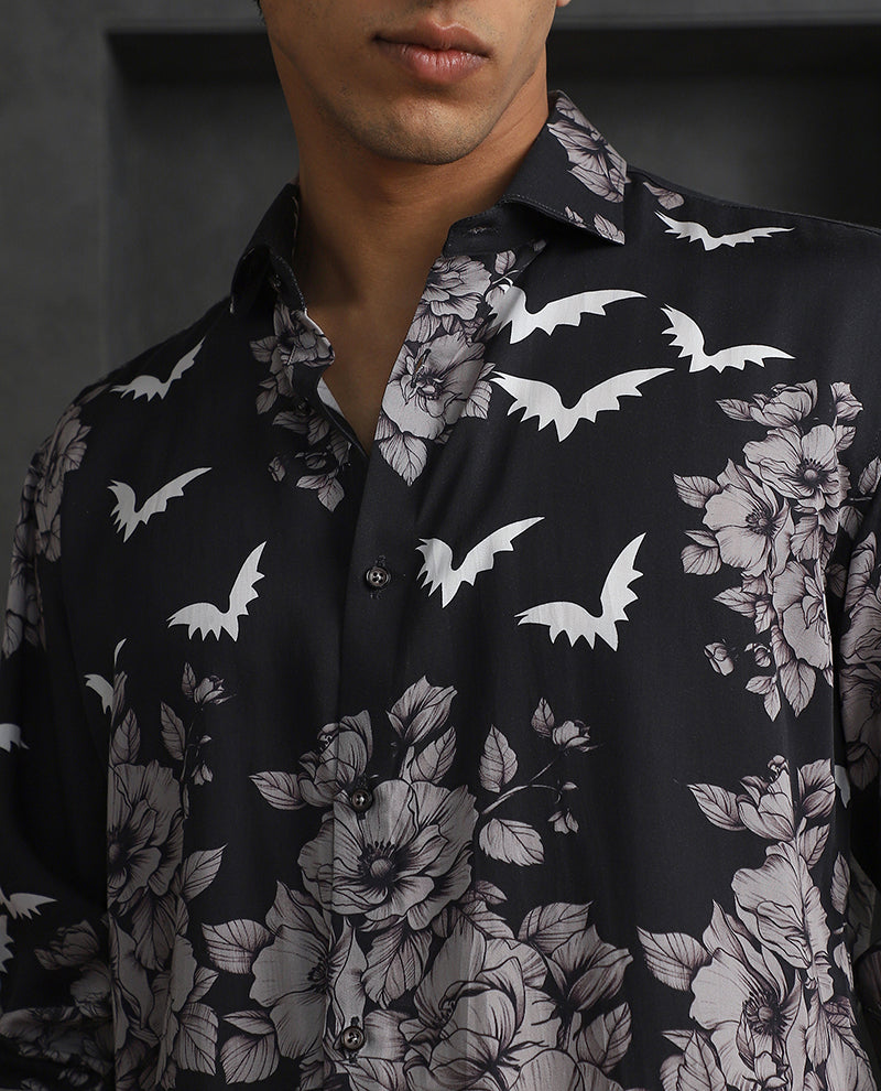 Sleek Black Slim Fit Tencel Shirt with Modern Print