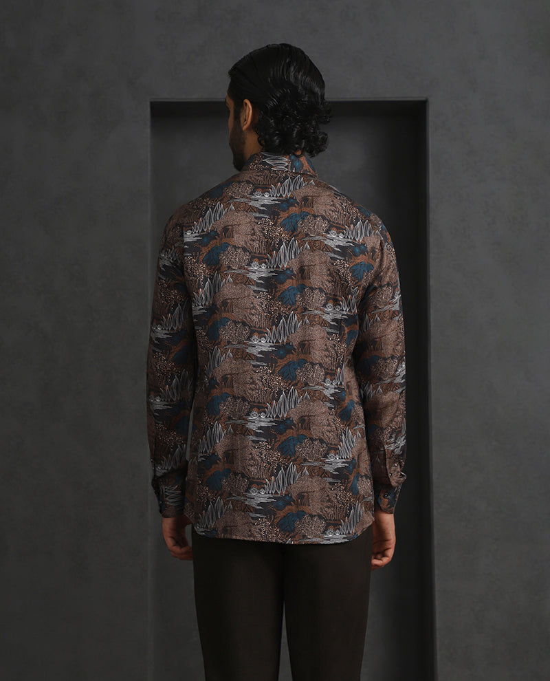 Light Brown Printed Slim Fit Full Sleeve Tencel Shirt