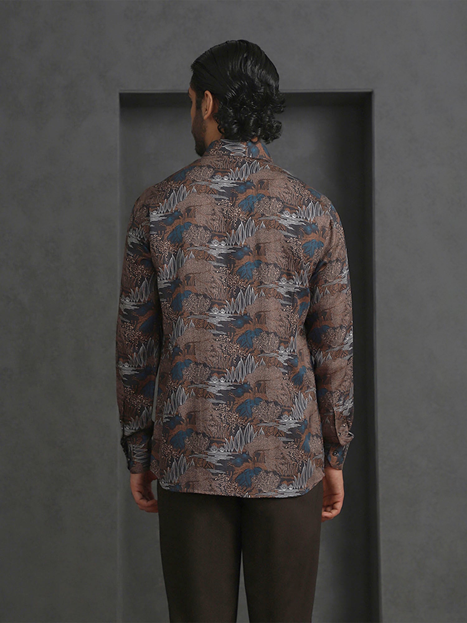 Light Brown Printed Slim Fit Full Sleeve Tencel Shirt
