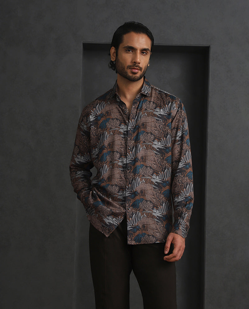 Light Brown Printed Slim Fit Full Sleeve Tencel Shirt
