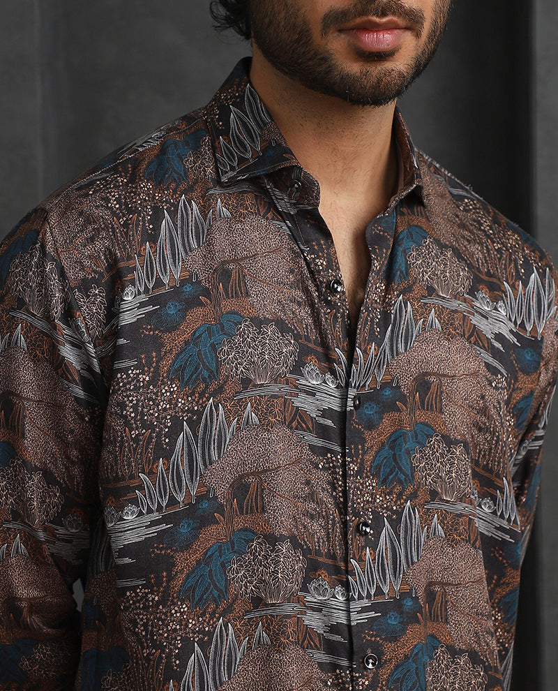 Light Brown Printed Slim Fit Full Sleeve Tencel Shirt