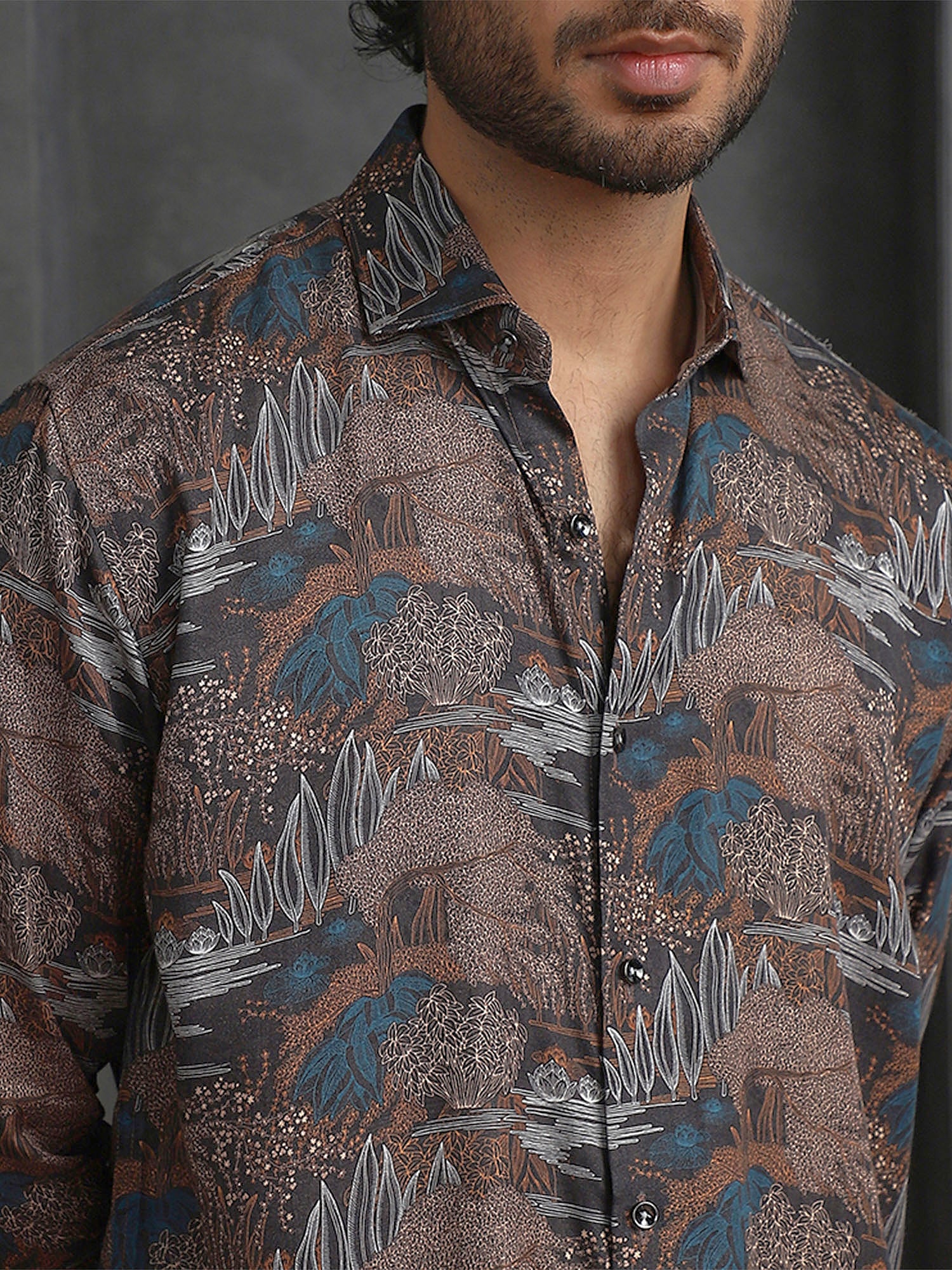 Light Brown Printed Slim Fit Full Sleeve Tencel Shirt