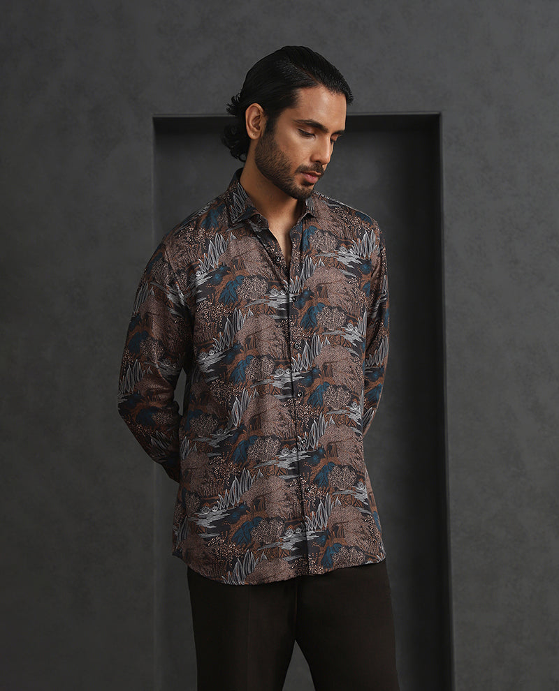 Light Brown Printed Slim Fit Full Sleeve Tencel Shirt