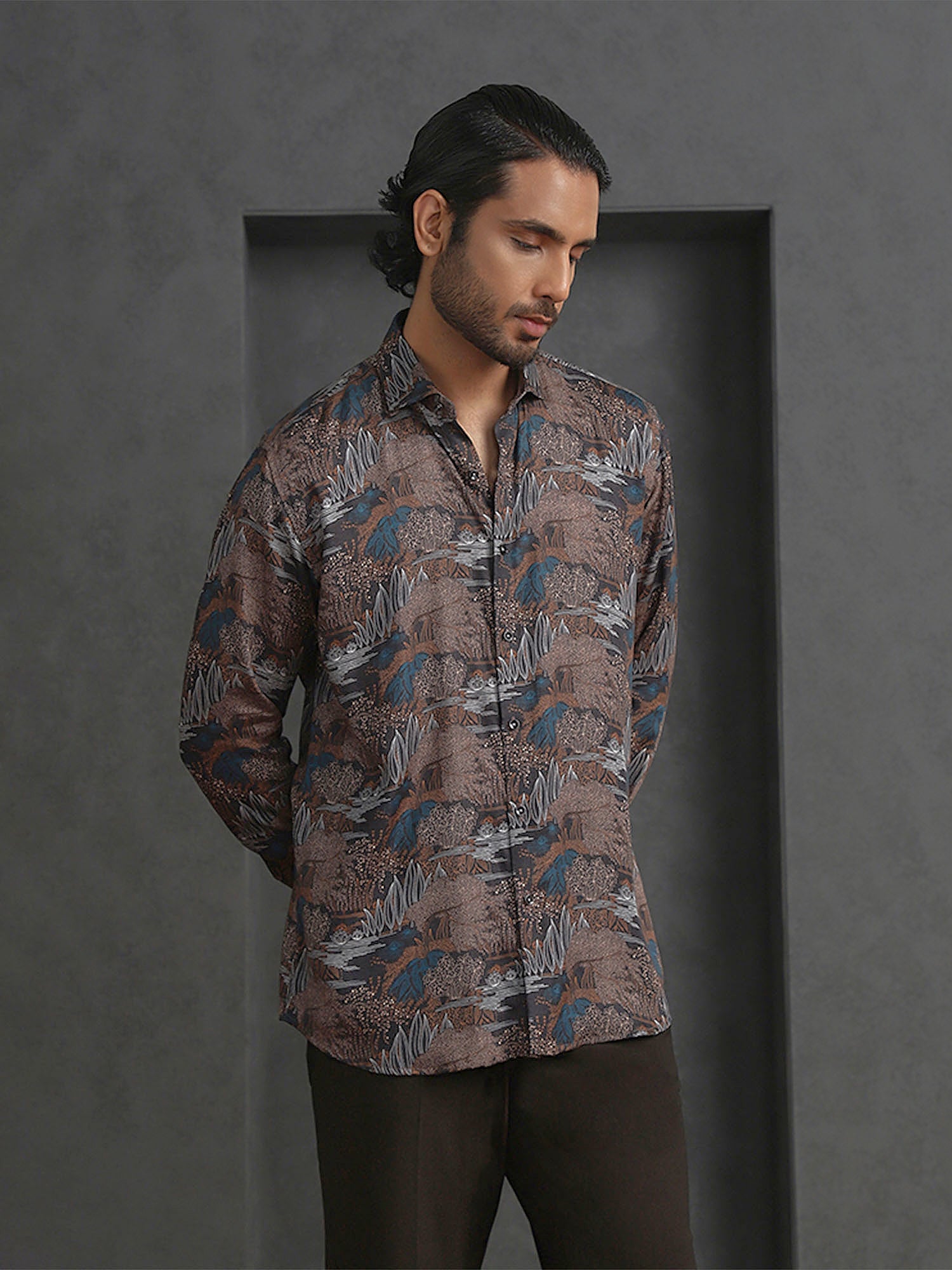 Light Brown Printed Slim Fit Full Sleeve Tencel Shirt