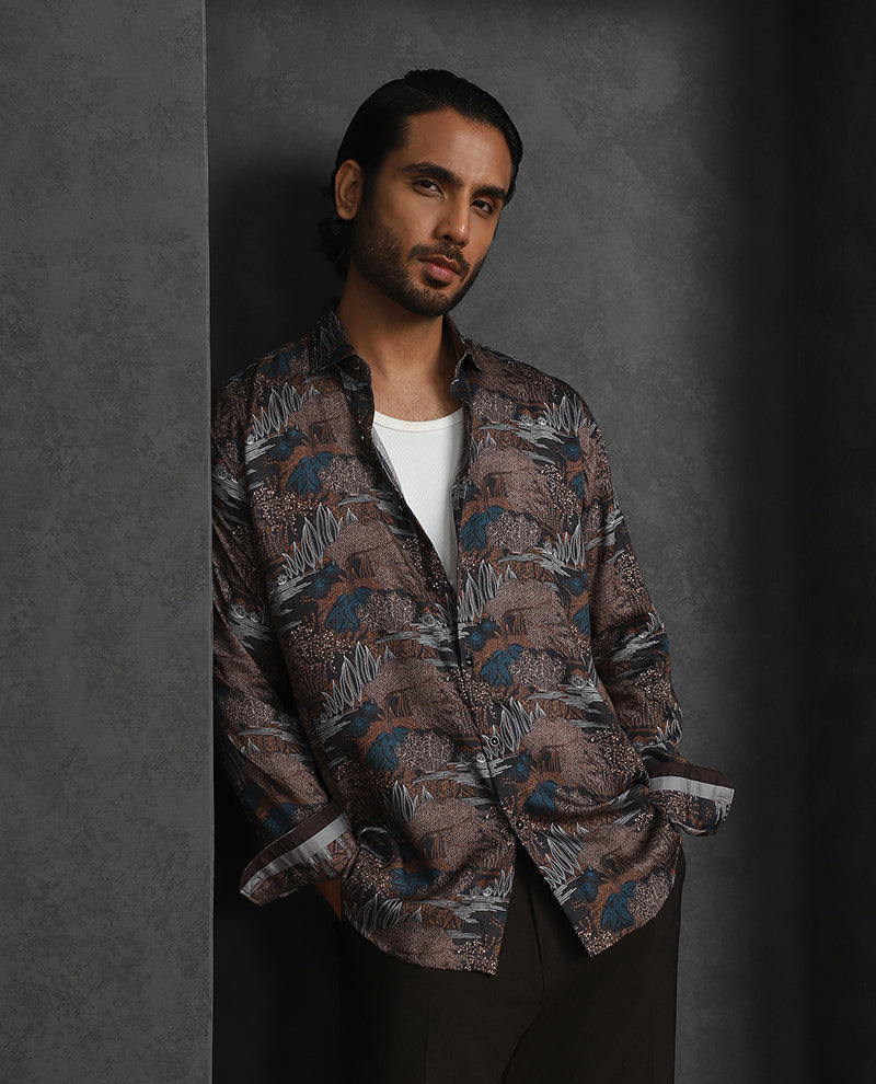 Light Brown Printed Slim Fit Full Sleeve Tencel Shirt