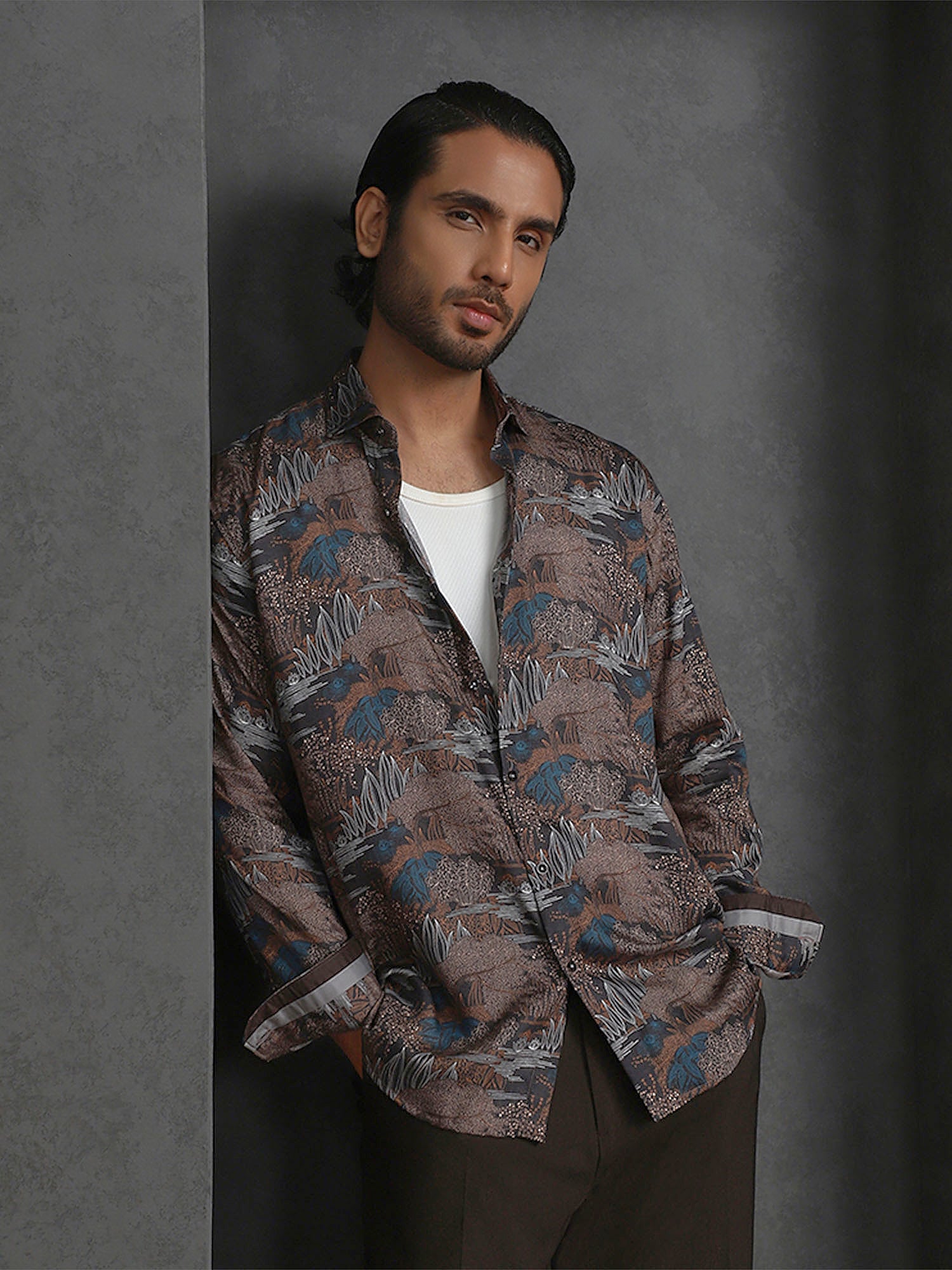 Light Brown Printed Slim Fit Full Sleeve Tencel Shirt