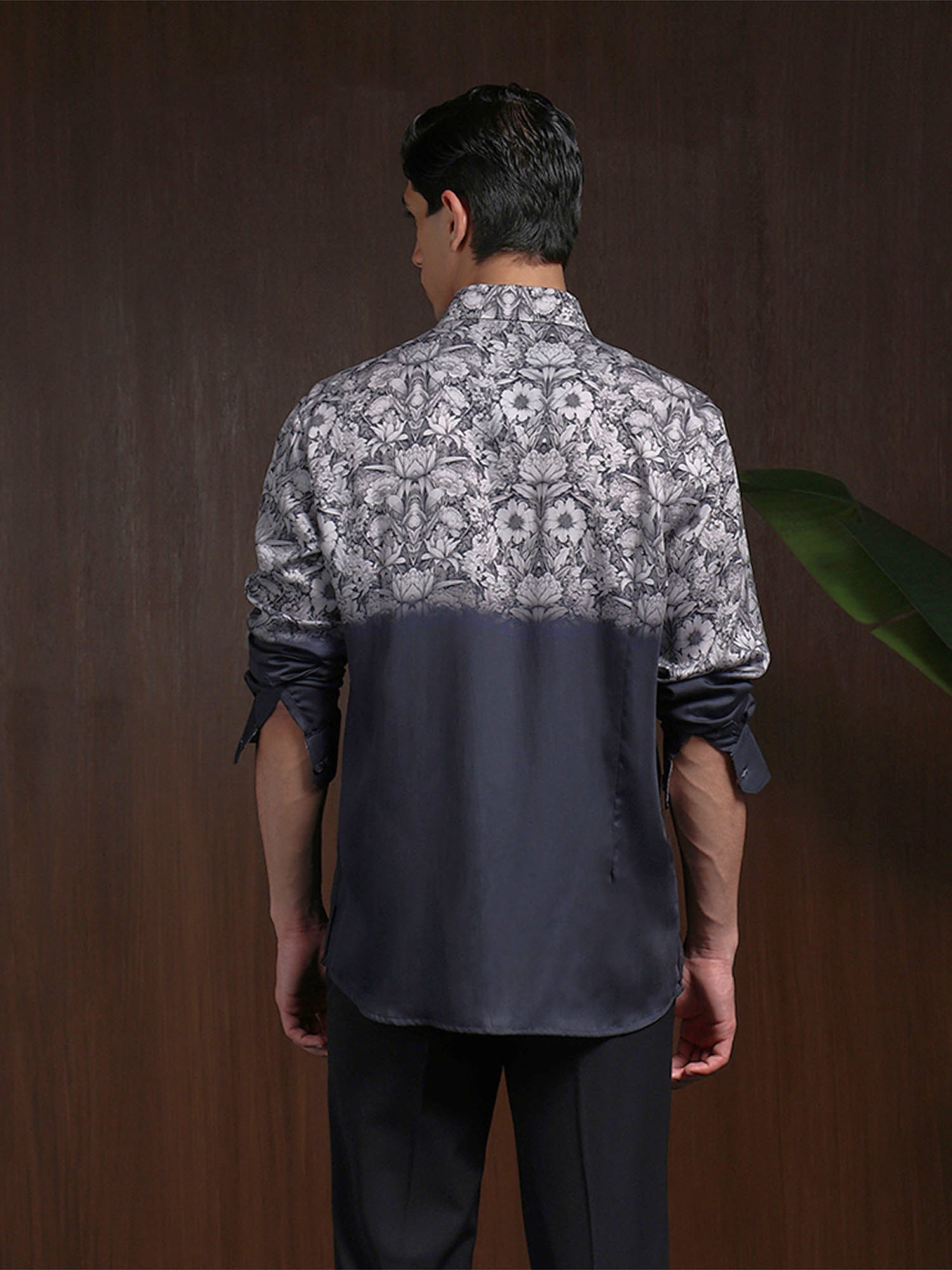 Black Grey Slim Fit Tencel Shirt with Contemporary Print