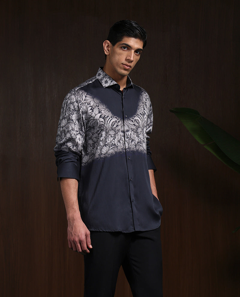 Black Grey Slim Fit Tencel Shirt with Contemporary Print