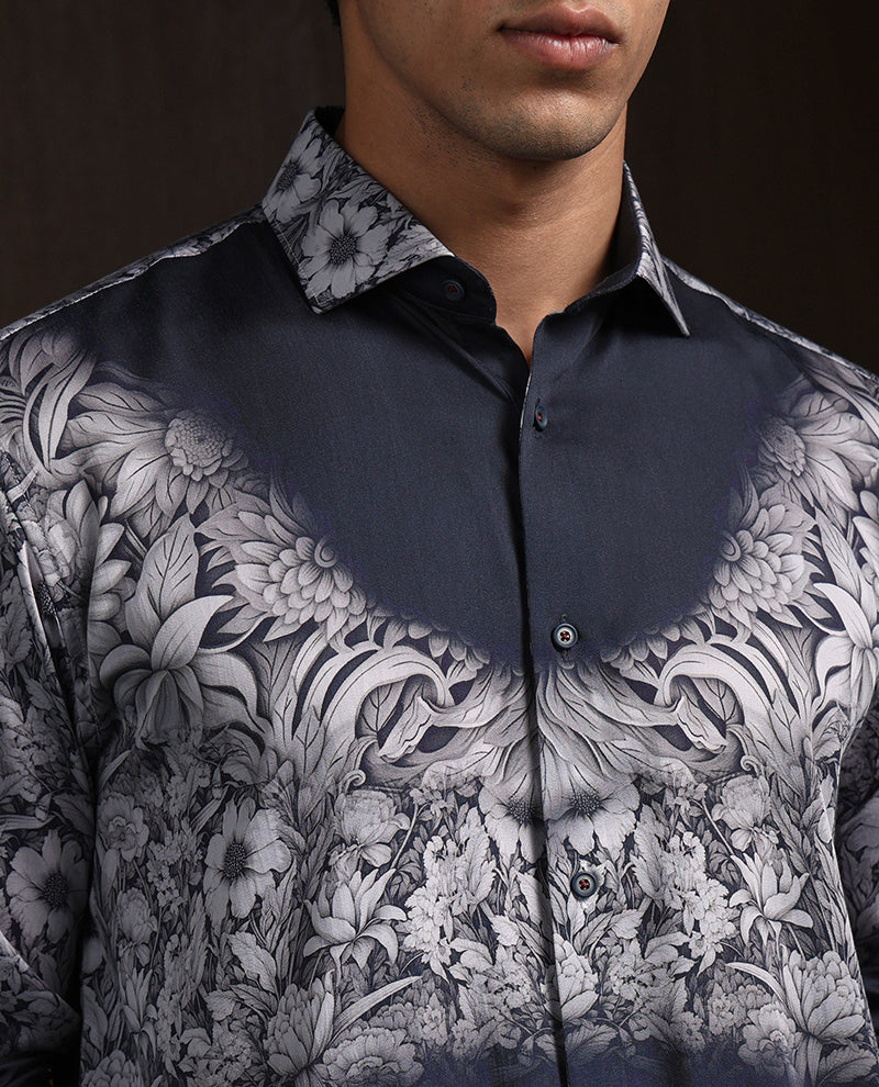 Black Grey Slim Fit Tencel Shirt with Contemporary Print