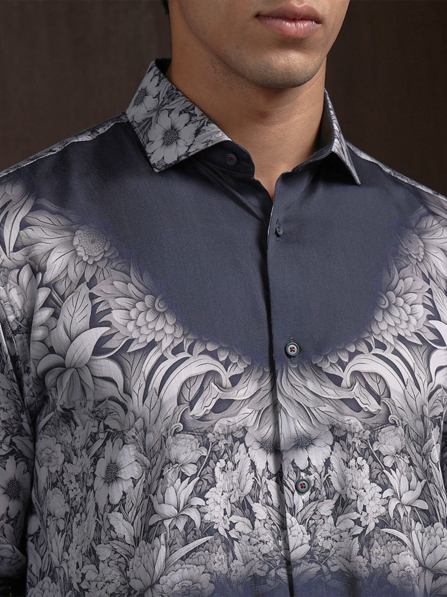 Black Grey Slim Fit Tencel Shirt with Contemporary Print