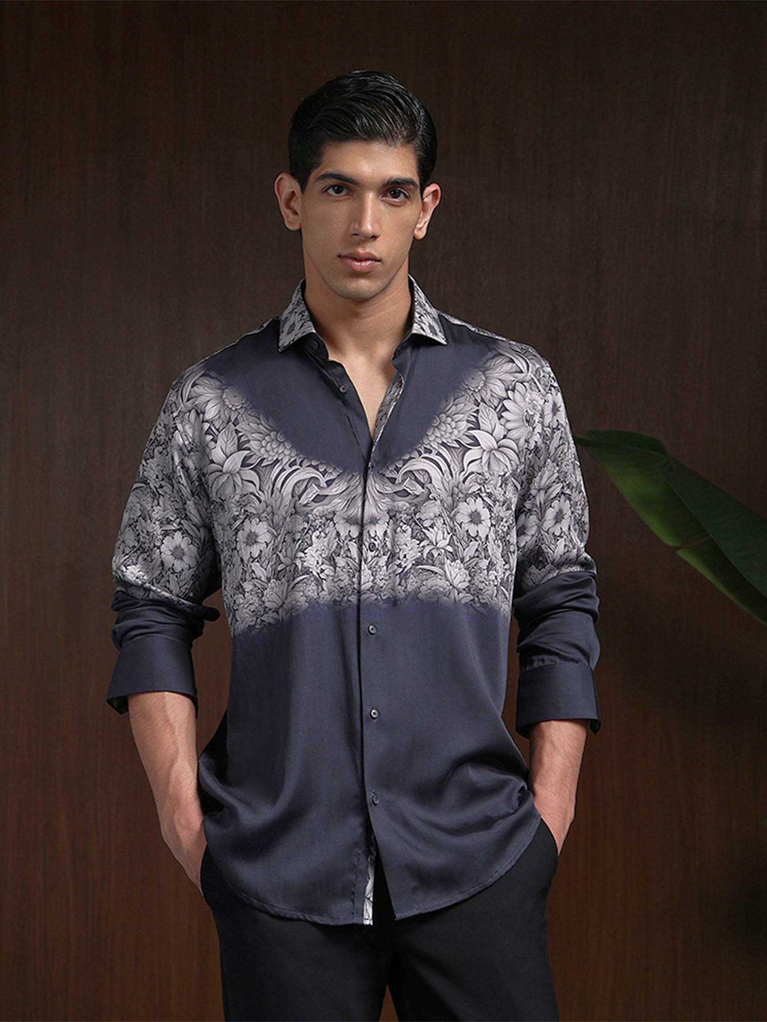 Black Grey Slim Fit Tencel Shirt with Contemporary Print