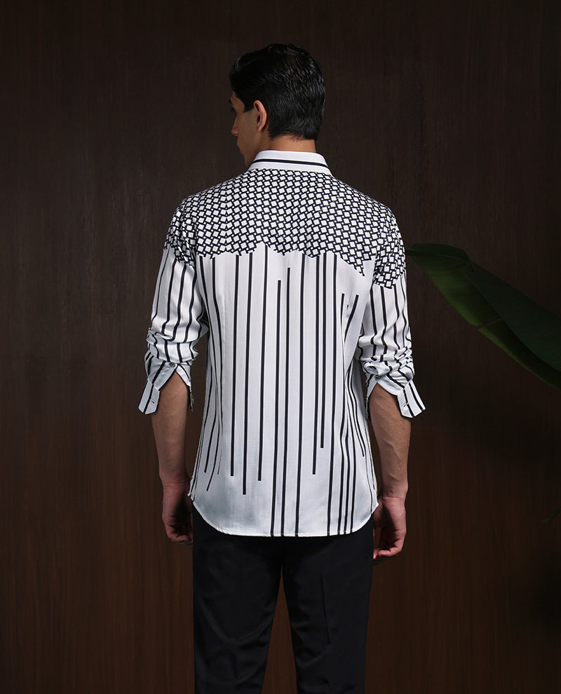 White & Black Slim Fit Tencel Shirt with Bold Print Accents