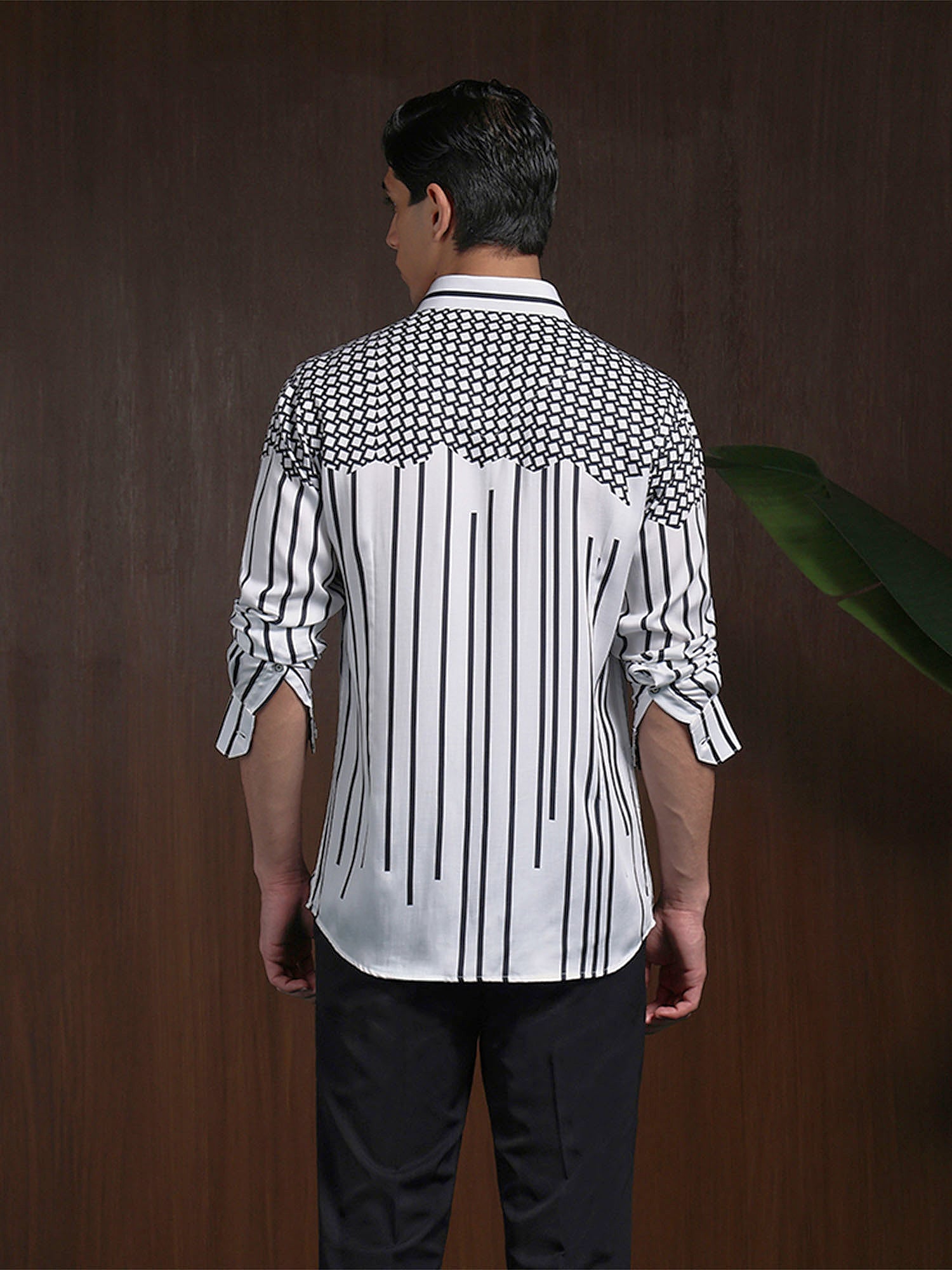 White & Black Slim Fit Tencel Shirt with Bold Print Accents