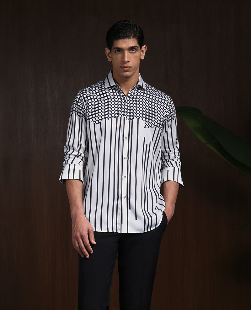 White & Black Slim Fit Tencel Shirt with Bold Print Accents