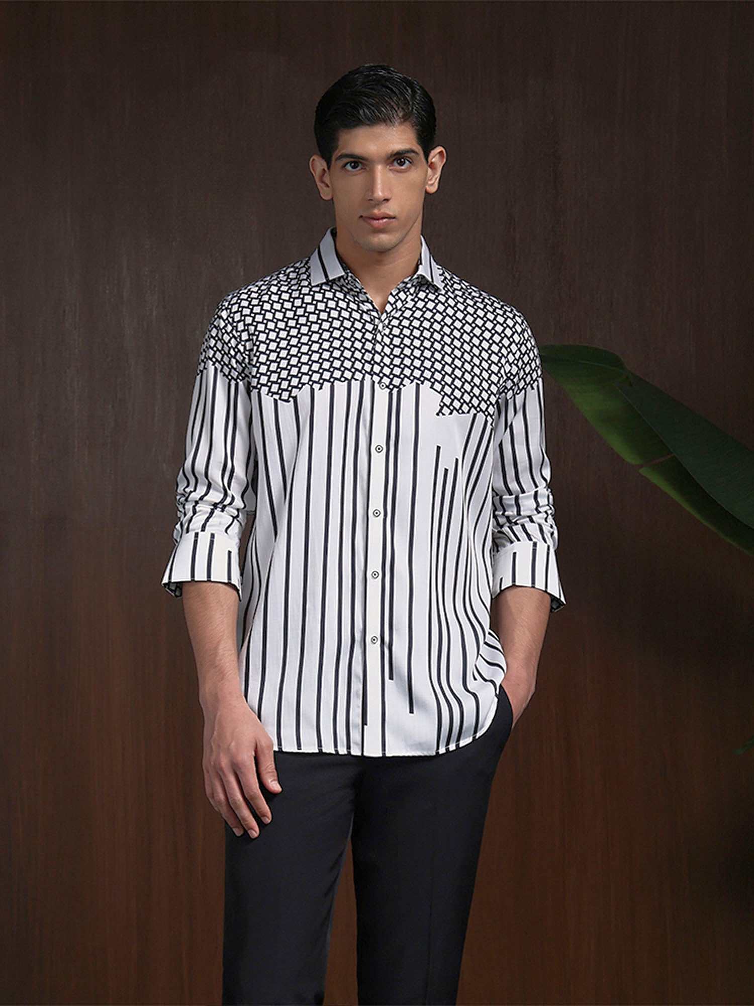 White & Black Slim Fit Tencel Shirt with Bold Print Accents